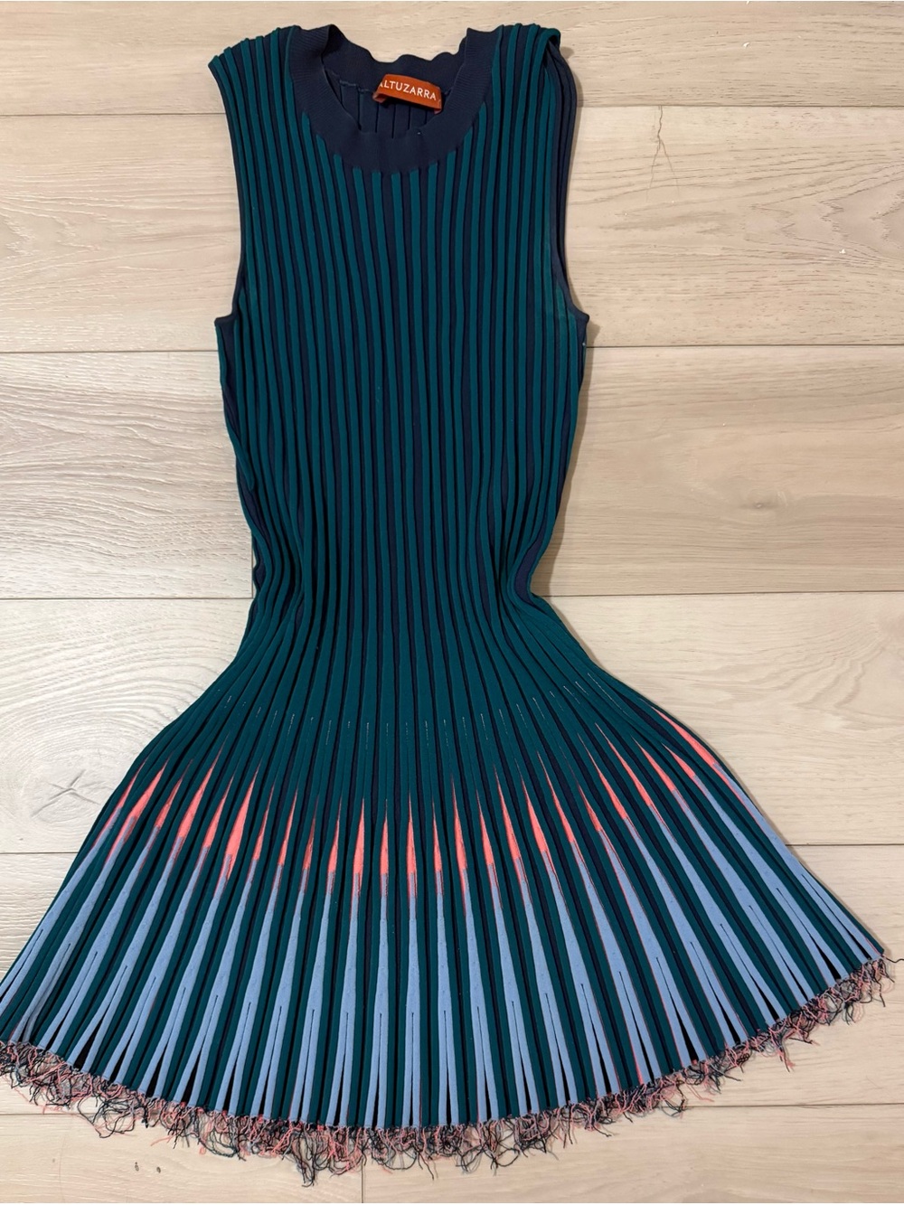 Altuzarra Teal and Navy Pleated Knit Dress with Coral & Light Blue Hem Accents
